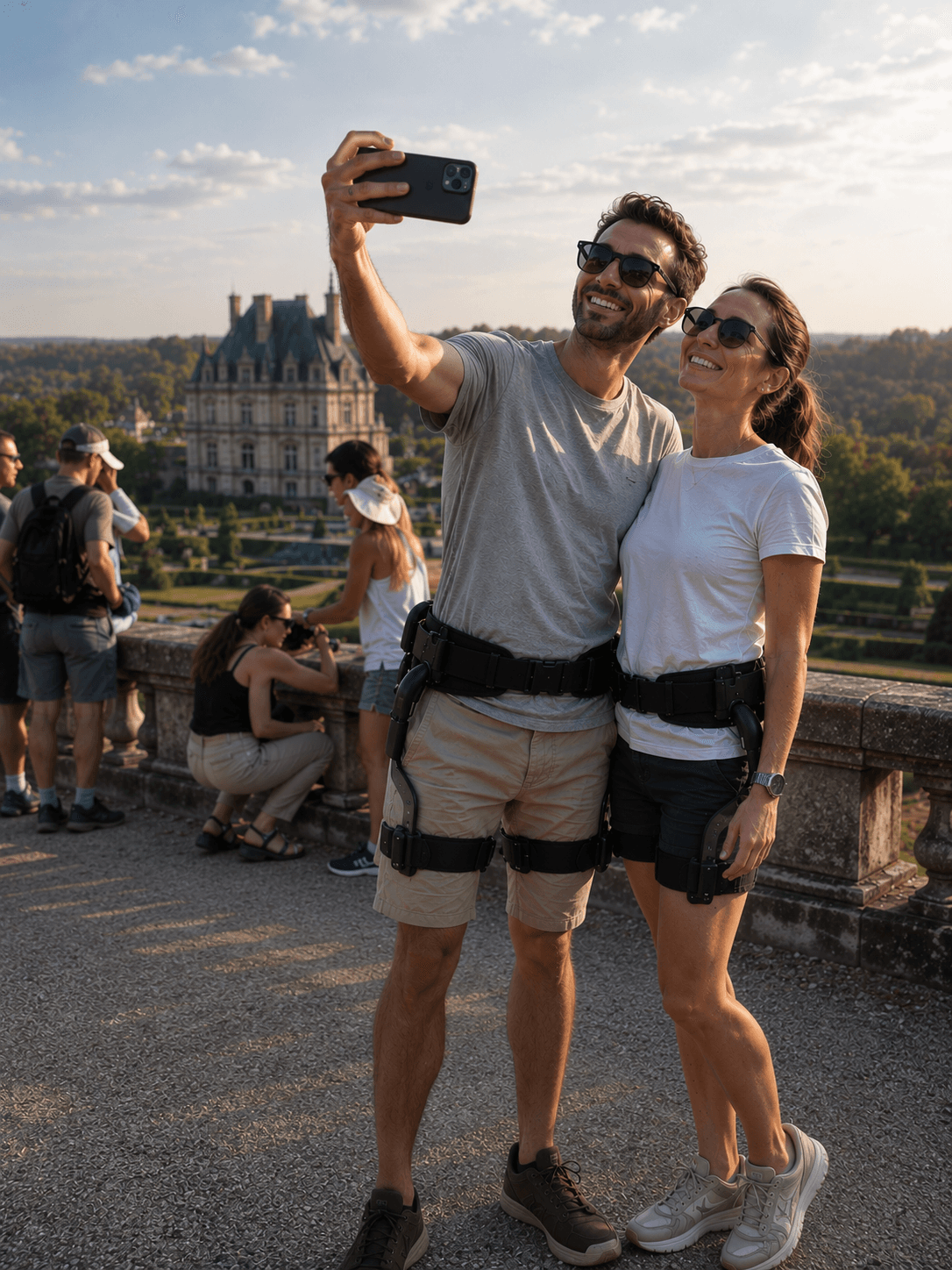 Un couple équipé d'exosquelettes Allure Expériences prend un selfie sur une terrasse dominant le château et ses jardins