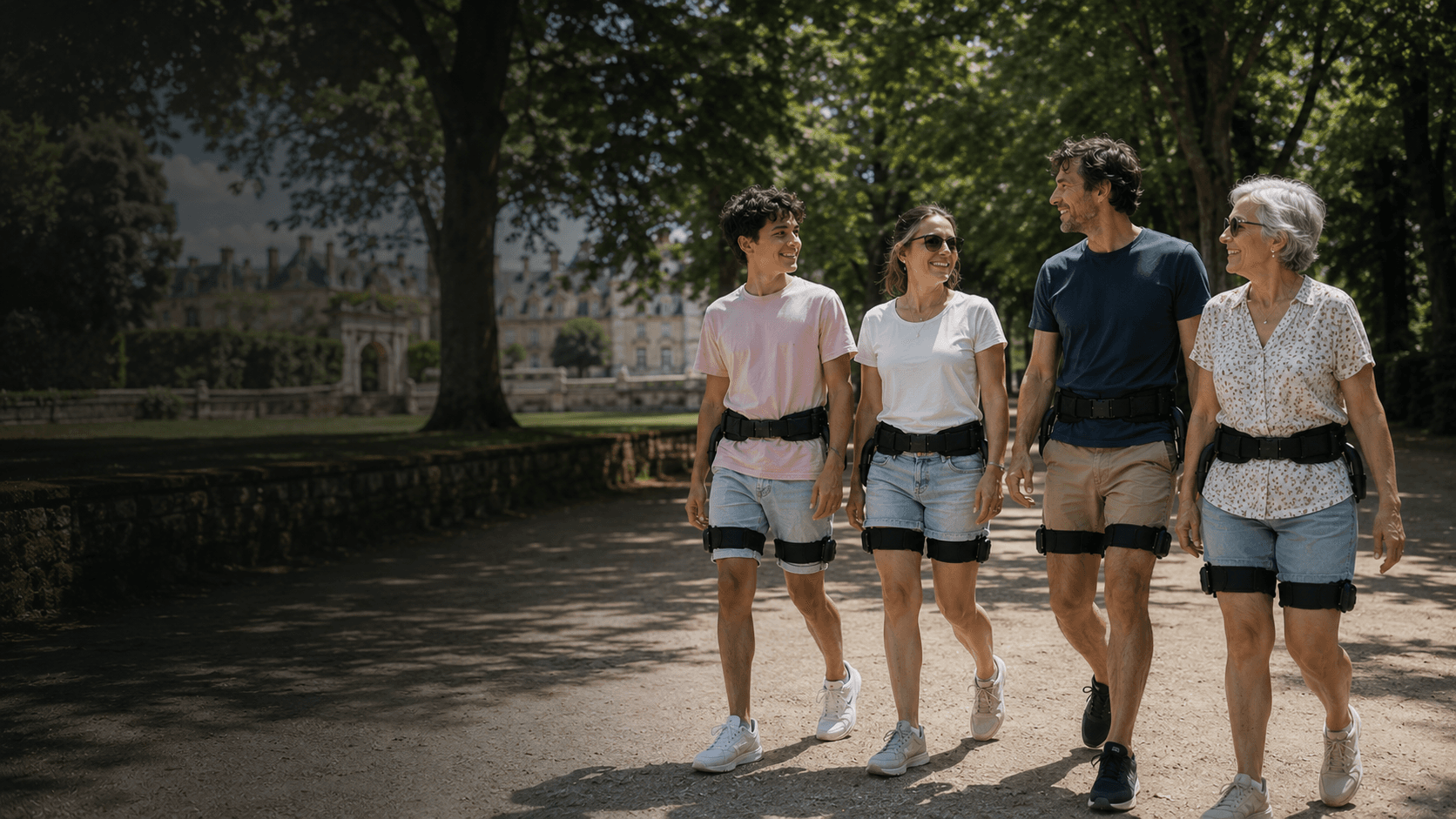 Quatre visiteurs équipés d'un exosquelette Allure Expériences marchent ensemble dans le parc d'un château