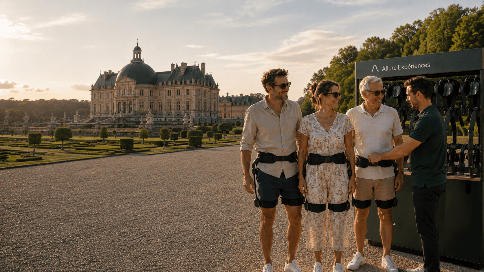 Trois visiteurs équipés d'exosquelettes Allure Expériences accueillis par un opérateur devant un château et ses jardins