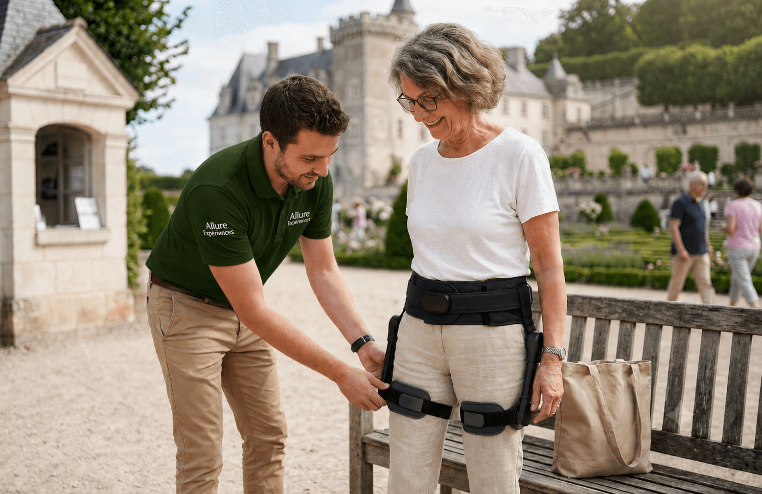 Un opérateur Allure Expériences ajuste l'exosquelette d'une visiteuse dans le jardin d'un château