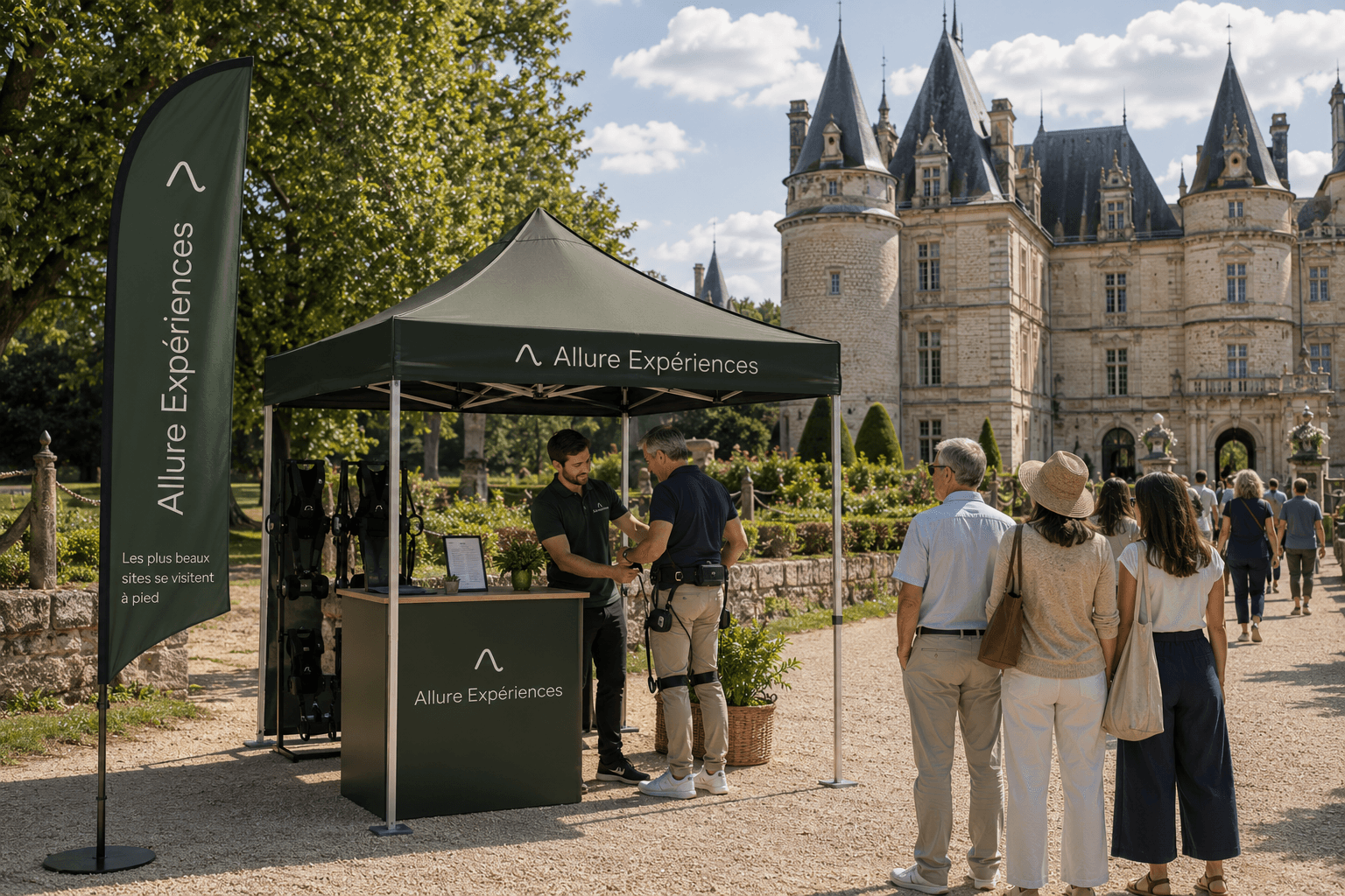 Le point d'accueil Allure Expériences installé devant un château, avec l'équipe et des visiteurs