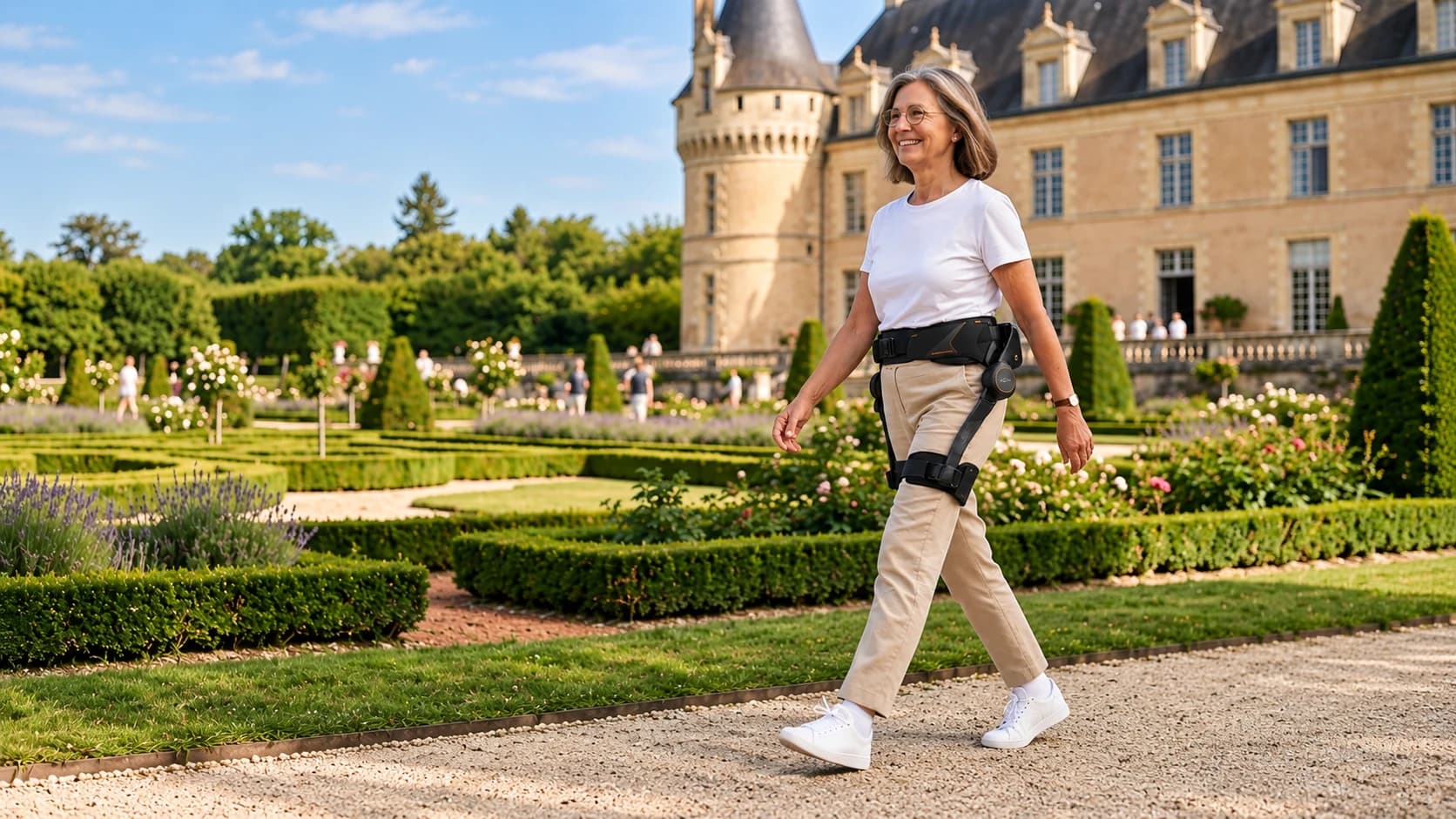 Une promeneuse équipée d’un exosquelette d’assistance à la marche traverse, souriante, le jardin à la française d’un château